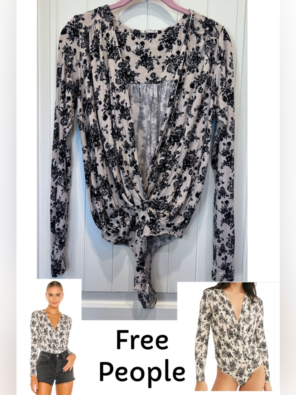 Free People Printed Turnt Long Sleeve Bodysuit Ecru Black floral print Sz Small